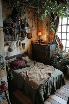 a bed in a room with lots of plants on the wall