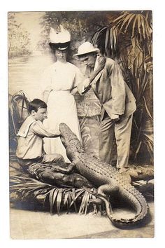 an old black and white photo of people standing around a crocodile