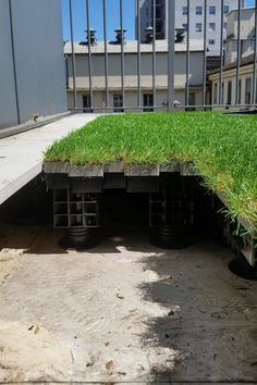 the grass is growing on top of the building's concrete slabs and supports