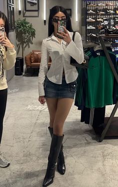 blouse and skirt combo . outfit inspo . outfit ideas . ootd aesthetic Y2k Outfits Classy, Y2k Classy Aesthetic Outfits, Knee High Boots Outfit Aesthetic, Y2k Classy Outfits, Sophia Girlboss Outfits, Katseye Style, Classy 2000s Outfits, Katseye Style Outfits, 2000s Classy Outfits