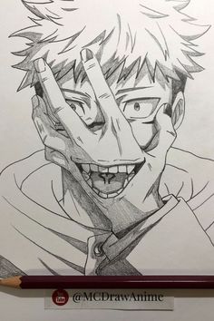 a pencil drawing of an anime character with his eyes closed and one hand on his head
