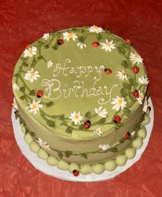 a green birthday cake with ladybugs and daisies on the top is sitting on a red tablecloth