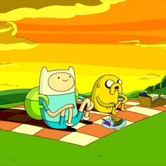 adventure time finn and finn sitting on a checkered rug in front of an orange sky