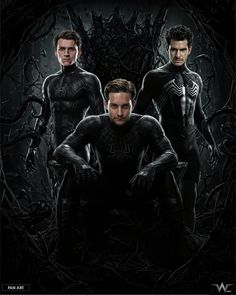 the amazing spider - man movie poster with two men in black suits and one is sitting down