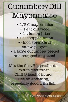 cucumber / dill mayonnaise recipe on a cutting board with ingredients