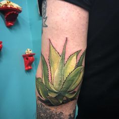 a close up of a person's arm with a tattoo on it and an aloe plant