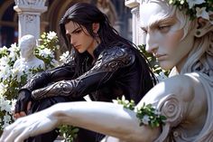 an image of a woman with flowers in her hair sitting next to two white statues