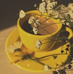 a yellow cup and saucer with flowers in it
