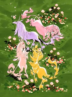 four unicorns in the grass with flowers around them