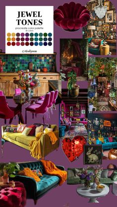 a collage of colorful furniture and decor