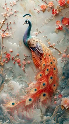 a painting of a peacock with flowers in the background