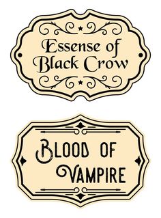 two black and white labels with the words blood of vampire