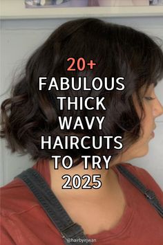 Brunette woman with a short thick wavy haircut, modern and voluminous for 2025.