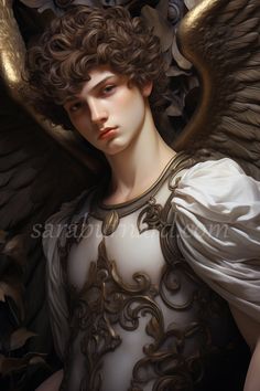 a painting of an angel with curly hair and gold wings on it's chest