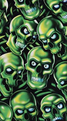 a bunch of green skulls with blue eyes and one skull on the bottom, all in different