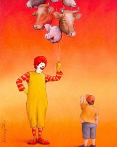 a painting of a clown and a little boy flying kites with cows on them
