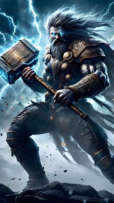 an image of a man with a hammer in his hand and lightning coming from behind him