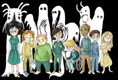 a group of people standing next to each other in front of white ghost heads on black background