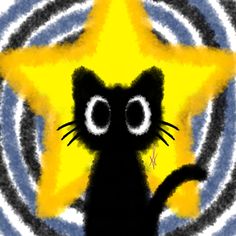 a black cat sitting in front of a yellow star