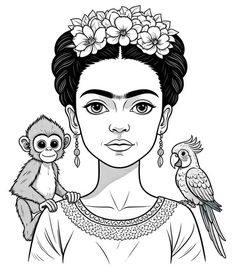 an image of a woman holding a monkey on her shoulder with flowers in her hair