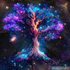 an abstract painting of a tree in the middle of space with bright lights and stars around it