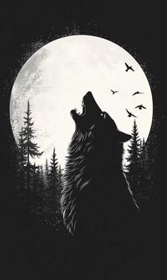 a wolf looking up at the moon with trees and birds flying in front of it