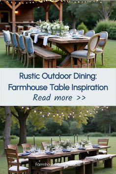 Reclaimed wood farmhouse table with blue and white table settings outdoors