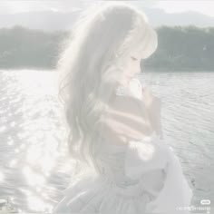 a woman with long white hair is standing by the water