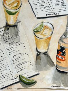 a painting of drinks and menus on a table