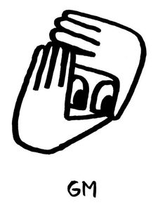 an image of a hand with the word gm in black and white, on a white background