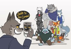 a man taking a picture of some cartoon characters