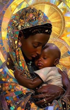 a painting of a woman holding a baby in her arms and wearing a headdress