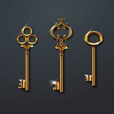 three golden keys with ornate designs on the top and bottom, all in different sizes
