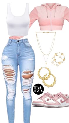 Show off your style in this trendy and aesthetic streetwear look perfect for those dorm days! #streetwearstyle #TrendyFashion #aestheticstyle #baddieoutfitsforschool #vancleef #nike #pink Pink And White Dunks Outfit, Girly Emo Outfits, Baddies Outfits Casual, Trendy Baddie Outfits, Ripped Jeans Outfit Women, Hot Pink Dunks Outfit, Cute Baddie Outfits For School, Nike Dunks Outfit Woman Street Styles, Baddie Style Outfits