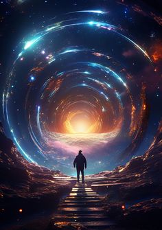 a man standing in the middle of a tunnel surrounded by stars and light rays, looking up into the sky
