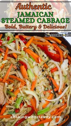 a pan filled with shredded cabbage, carrots and other veggies next to a wooden spoon