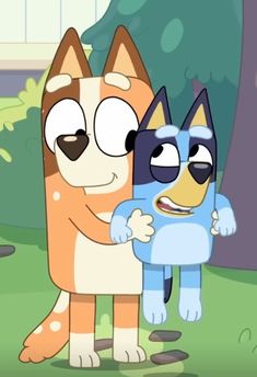 two cartoon cats standing next to each other in front of a tree and bushes with one cat holding the other's hand