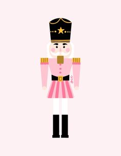 a nutcracker in pink and gold is featured on a light pink background with the word