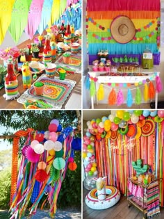 a collage of colorful party decorations and desserts for a mexican themed birthday party