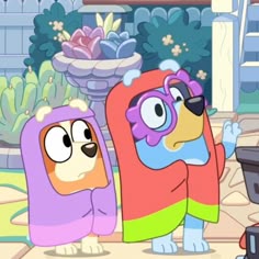 two cartoon characters standing next to each other