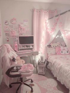 a bedroom decorated in pink and white with teddy bears on the bed, desk, chair and computer