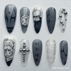 Jjk Nails Inspo, Jjk Inspired Nails, Tokyo Ghoul Inspired Nails, Jjk Nails Designs, Tokyo Ghoul Nail Art, Anime Nails Tokyo Ghoul, Jujutsu Kaisen Nails Design, Sukuna Nails Design, Jjk Nails