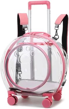 a pink and clear suitcase with wheels on it's side, one wheel has two handles