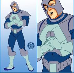 an animated image of a man in blue and grey