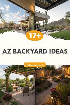 the backyard with landscaping and patio furniture is featured in this postcard for an article