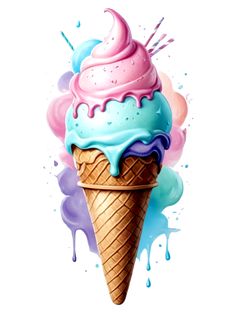 an ice cream cone with blue, pink and purple swirls on it's side