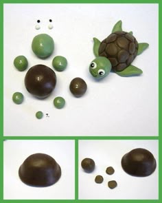 there is a turtle made out of chocolates and other things to make it look like they are swimming in the water