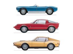 three different types of cars are shown in this image, one is blue and the other red