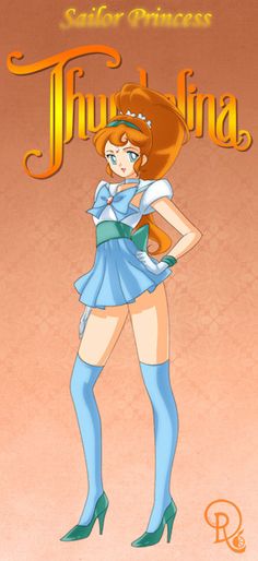 an anime character with long red hair and blue stockings, is posing for the camera