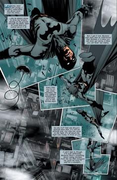 an image of a comic page with batman flying through the air and another scene in the background